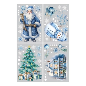 Stickers de fenêtre de Noël bleus avec Père Noël et bonhomme de neige aquarelle