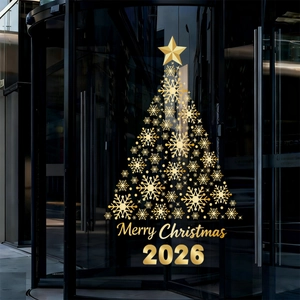 Golden Snowflake Christmas Tree Window Stickers Static Cling Decals Merry Christmas 2026 Glass Door Festive Decoration