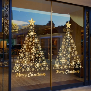 Golden Christmas snowflake tree window stickers for holiday glass door decoration