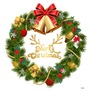 Dettaglio adesivo natalizio con fiocchi rossi, pigne e scritta decorativa Merry Christmas
