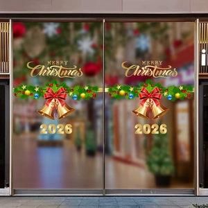Golden Merry Christmas 2026 window stickers with bells and bows on glass doors