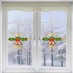 Christmas Window Stickers Golden Bell Red Bow Static Cling Merry Christmas 2026 Festive Glass Door Decoration