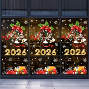 Christmas 2026 window decals with gold bells and gift boxes for holiday glass decoration