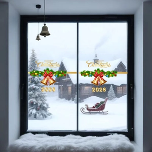 Christmas bell window stickers with 2026 gold lettering and pine branch festive decoration