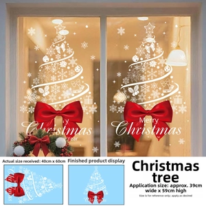 Christmas tree window sticker with snowflake patterns and red bow for holiday decor