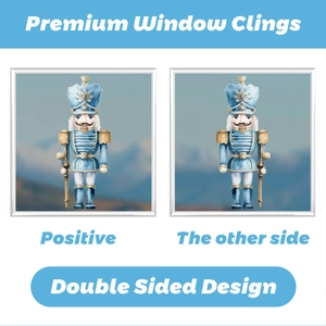 Detailed view of double sided blue nutcracker window clings showing both side designs