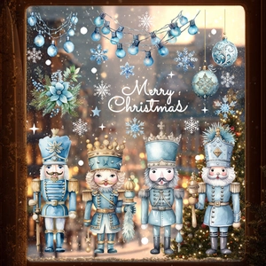 Detailed blue nutcracker window stickers with Merry Christmas greeting and snowflakes