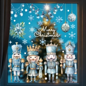 Close-up of blue nutcracker window decals with snowflakes and Merry Christmas text