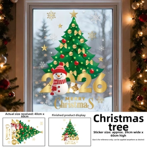 Détail d'autocollants de fenêtre sapin de Noël 2026 avec bonhomme de neige