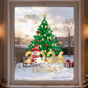 Détail des stickers de Noël 2026 avec sapin et bonhomme de neige sur vitre avec décor enneigé