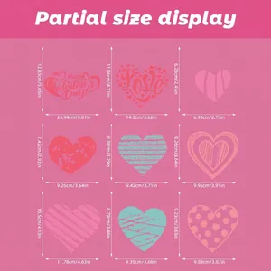 Size chart showing dimensions for various Valentine's heart static window stickers