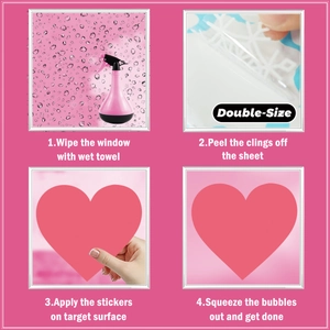 Pink heart static window cling installation guide showing four steps for double-sided stickers