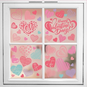 Detail of colorful heart window decals with Love and Happy Valentine's Day text