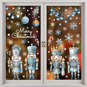 Blue Nutcracker Christmas window stickers with snowflakes and Merry Christmas text