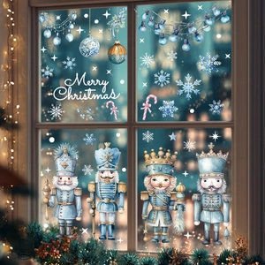 Blue Nutcracker Christmas window stickers set with Merry Christmas text and snowflakes