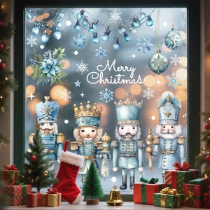 Blue watercolor nutcracker Christmas window decals with snowflakes and festive ornaments