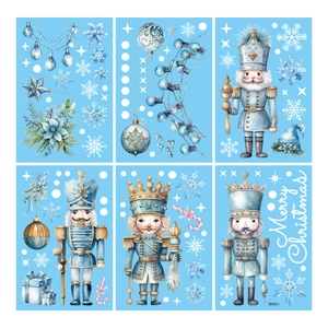 Blue Nutcracker Christmas window stickers set of 6 panels with watercolor ornaments