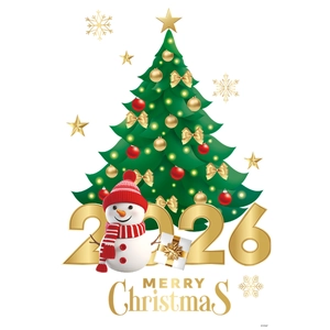 Stickers de Noël 2026 sapin et bonhomme de neige avec texte Merry Christmas doré