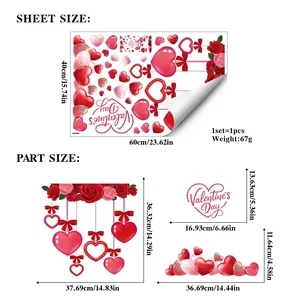 Valentine's Day rose vine and heart static window stickers with size specifications