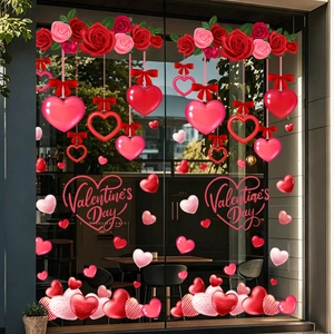 Valentine's Day red rose and heart static window decals for holiday shop decorations