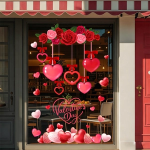 Valentine's Day window stickers with roses and hearts on coffee shop glass storefront