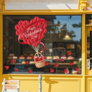 3D red heart balloon static window cling with Happy Valentine's Day text for shop decor