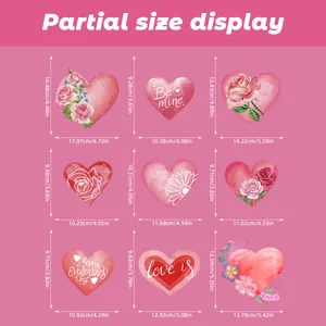 Size chart showing height and width for 9 heart-shaped static window stickers