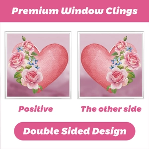 Close-up of double-sided pink heart and rose flower window clings for festive decoration