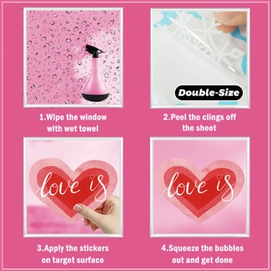Four-step installation guide for red gradient heart window decals with Love Is text
