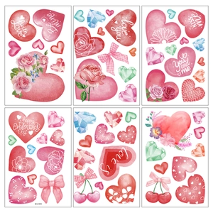Set of six Valentine's Day window stickers with red hearts, roses and bows detail
