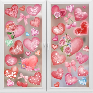 Detail view of heart-shaped Valentine's Day window static stickers with floral patterns