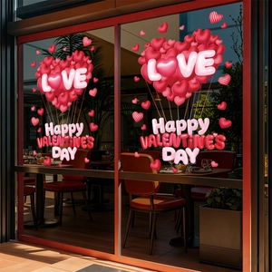 Valentine's Day heart window static stickers with LOVE text on restaurant glass