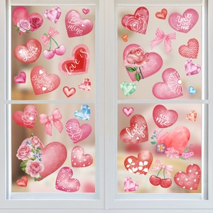 Valentine's Day heart window clings featuring watercolor pink roses and festive patterns