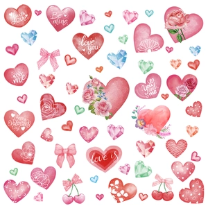 Set of watercolor heart window clings featuring floral patterns and romantic messages