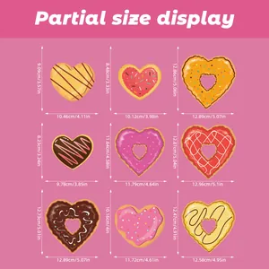 Size chart showing height and width details for nine heart-shaped doughnut window stickers