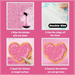 Detail guide showing four steps for applying double-sided heart window stickers with spray