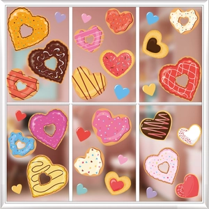 Valentine heart donut window stickers set for glass decoration and festive home party scene