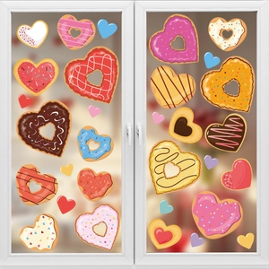 Set of heart-shaped donut window stickers with colorful frosting for Valentine decor