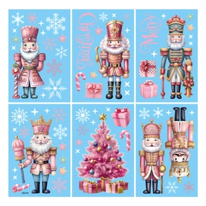 Nutcracker Christmas window decals with pink tree and snowflakes for holiday party decor