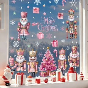 Pink Nutcracker Christmas window stickers with festive stars and tree for home glass decor