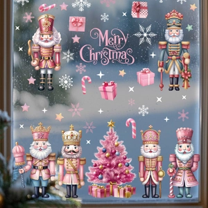 Pink Nutcracker Christmas window stickers with festive trees and snowflakes for home decor