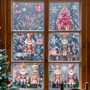 Detailed view of pink Nutcracker Christmas window stickers with festive holiday patterns