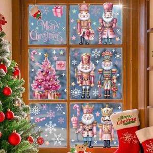 Pink Nutcracker Christmas window clings set with Merry Christmas text on glass window