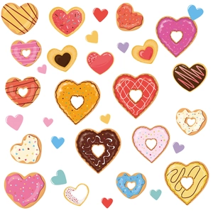 Valentine heart cookie wall stickers with colorful icing and decorative patterns