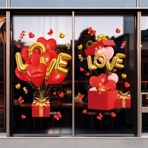 Valentine's Day static window stickers with 3D gold LOVE balloons and red heart gift boxes