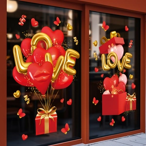 Detailed view of 3D LOVE balloons and red heart window stickers for Valentine decor