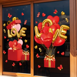 Close-up of 3D gold LOVE letters and red heart balloons window static stickers