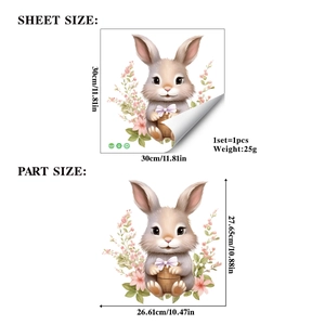 Easter bunny window sticker with hand-drawn brown rabbit and pink flower decor (30x30cm)