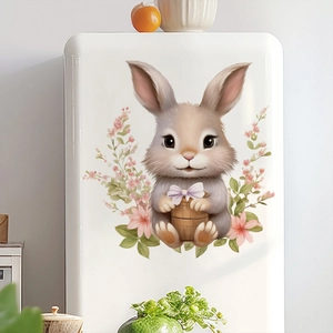 Easter bunny wall sticker with a cute grey rabbit and floral patterns for home decor