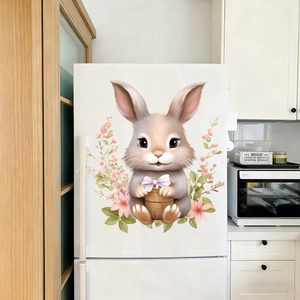 Cute pastoral Easter bunny sticker with floral accents applied on a white refrigerator door